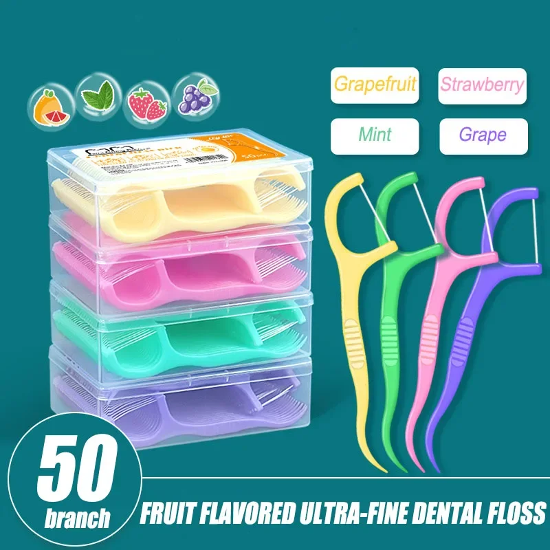 Neue Farbe Frucht geschmack Einweg Zahnstocher Set Zahnseide Stick Reinigung Zahnstocher Zahnseide Mundhygiene Pflege 50 teile/schachtel Hygiene