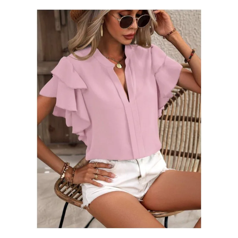 2024 Autumn/Winter Fashion New Women's V-neck Casual Double layered Lotus Leaf Sleeve Solid Color Shirt Top