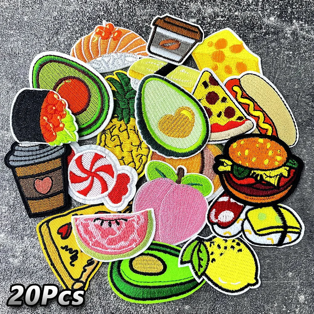 20pcs/Lot Avocado Pizza Hamburger Patches for Clothing Embroidery Applique Ironing Supplies Decorative Iron on Patch Stickers