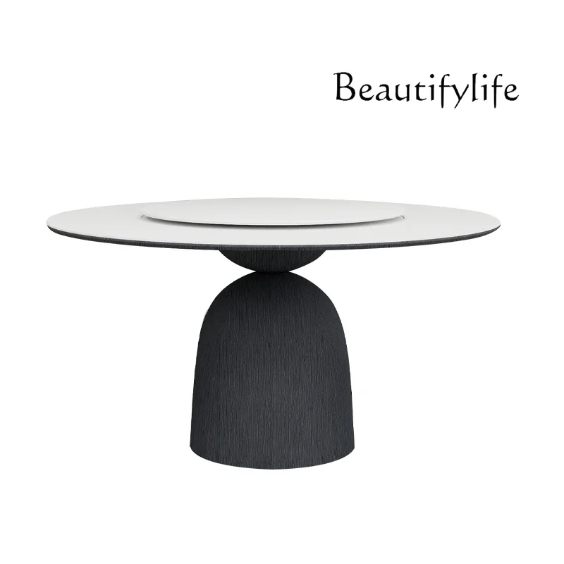 Retro black solid wood round dining table and chair combination simple household wabi-sabi wind rock slab round table