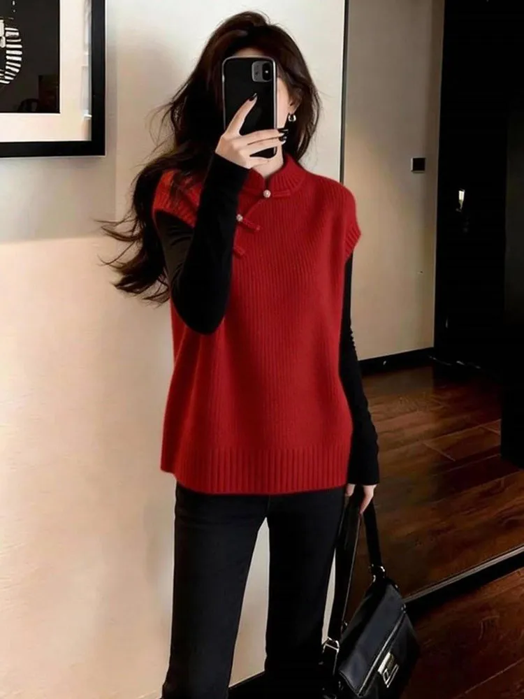 

Korean Sle Casual Faion Knitted Vest Women's Spring Stand Collar Trendy Outerwear New Year's Outfit Top Trending
