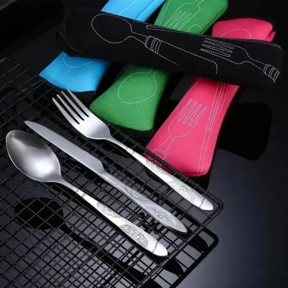 3 Pcs Stainless Steel Travel Cutlery Set Portable Steak Knife Fork Spoon Western Tableware Complete Kit Home Outdoor Camp Picnic