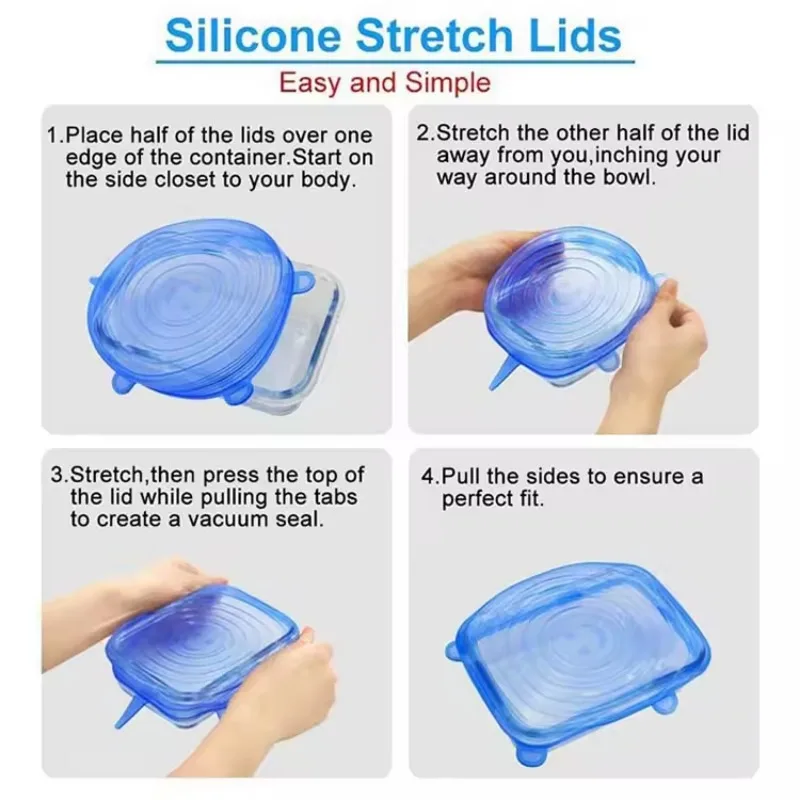 6Pcs/lot Food Adjustable Elastic Silicone Cover Cap Universal Expandable Lids for Cans Dishes Bowl Reusable Stretch Kitchen