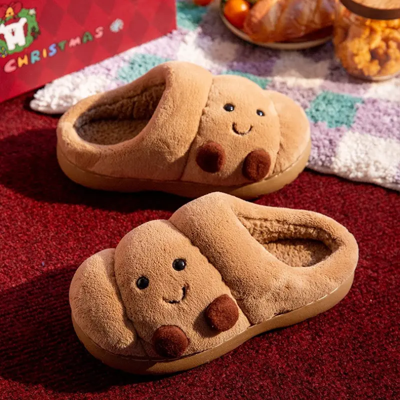 Cute Cartoon Fluffy Slippers For Women Men Winter House Shoes Furry Croissant Bread Style Anti-slip Couples Home Cotton Slides - Image 6