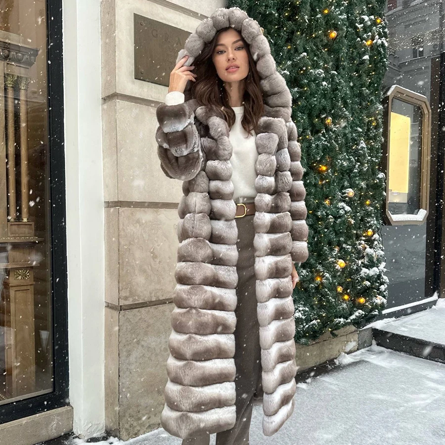 Women Clothing 2024 New Arrivals Genuine Rex Rabbit Fur Coat Luxury Winter Natural Rabbit Fur Hooded Coat Ladies Real Fur Jacket