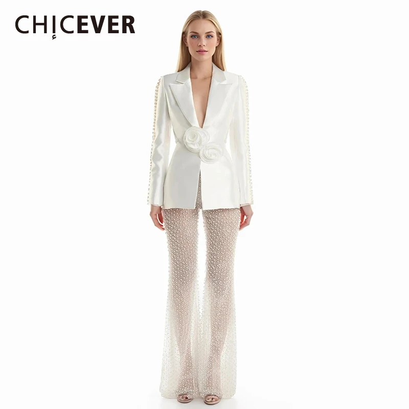 

CHICEVER Solid Two Piece Set For Women Notched Collar Long Sleeve Hollow Out Blazer High Flare Pant Patchwork Pearls Sets Female