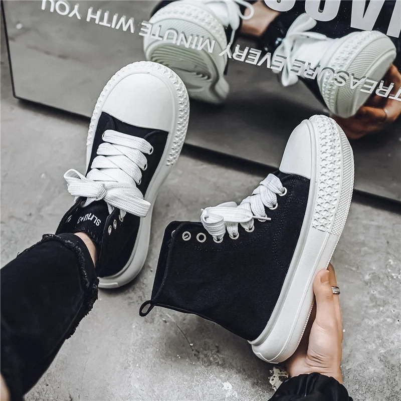 Fashionable Men's High-top Canvas Shoes Casual Platform Sneakers Men Lace-up Black Vulcanized Shoes Men Trendy Flats Espadrilles