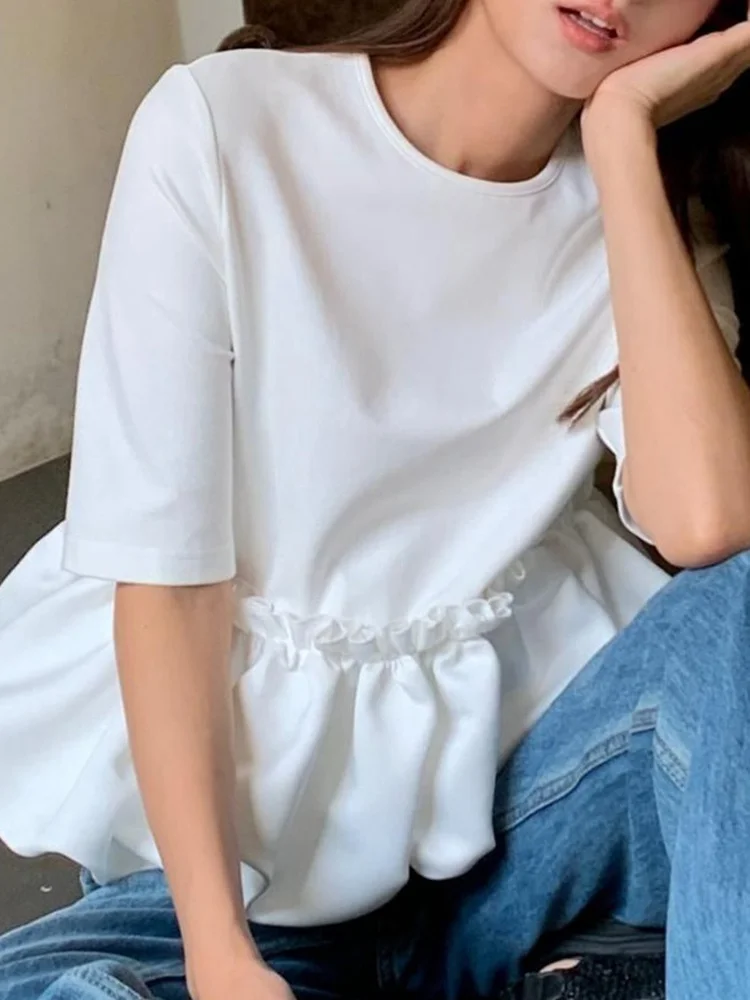 Summer Cotton Blend Bell Sleeve T-Shirt Women's Short Sleeve Patchwork Design Slimming Vintage round Neck Top Korean Style