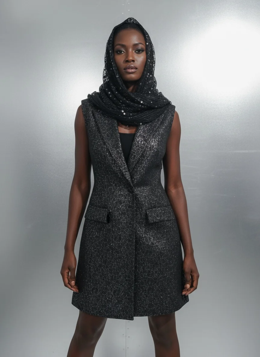 

Роскошный черный шарф с пайетками, треугольная шаль с бахромой