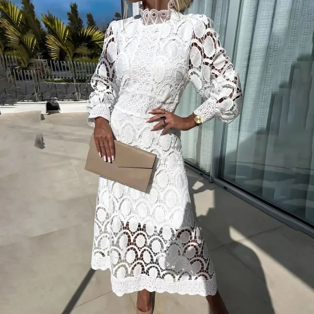 

BluWin Elegant Long Sleeve Lace Maxi Dress Women Summer 2025 Fashion Hollow Out Half High Collar Slim Long Dresses Casual