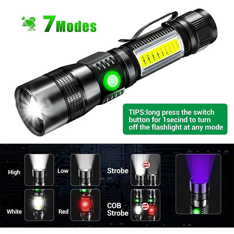3 in 1 LED Flashlights UV Flashlight with 7 Modes LED Light Torch with COB Sidelight,Zoomable,Magnetic,Waterproof for Camping