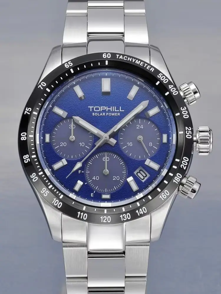TOPHILL 42mm VR42B Solar-Powered Chronograph Quartz Watch For Men 4.5H Date Window Sapphire C3 Green Luminous 5Bar TL029G