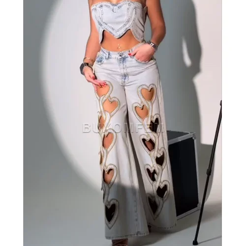 Imagen 1 del producto Conjunto de pantalones vaqueros de pierna recta con huecos en forma de corazón de cintura alta, pantalones vaqueros sueltos para mujer, ropa de calle, pantalones de pierna ancha elegantes, pantalones vaqueros