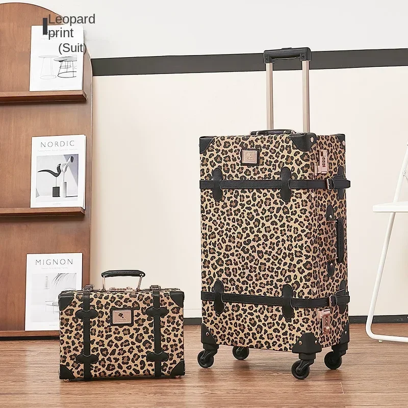 Trendy Retro Luggage Women's Roller Trunk Leopard Print PU Leather Suitcase 20