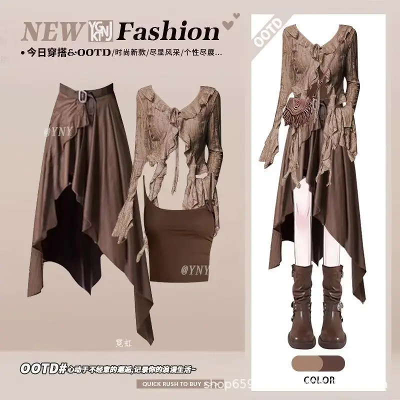 Spring and Autumn Retro Fashion Korean Edition Three Piece Set with Strap Long Sleeve Cardigan Tank Top Half Skirt Set - Image 3