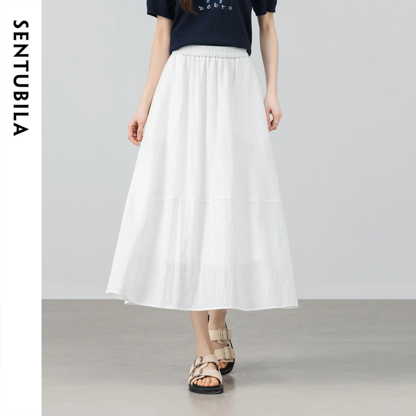

SENTUBILA White Linen Blend Skirt for Women 2026 Spring Summer Elastic Waist A Line Midi Bud Skirt Woman Clothes 161QG6203