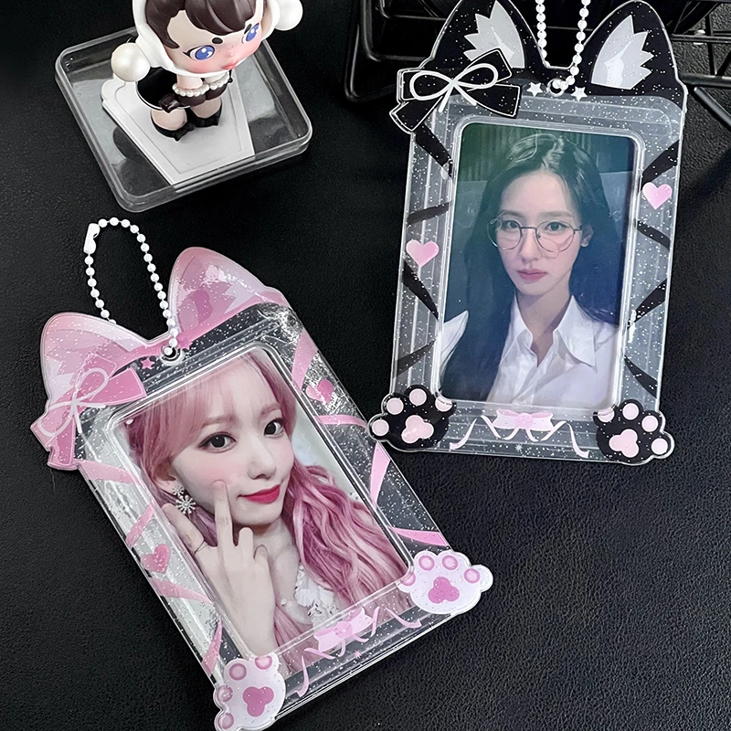 Portatarjetas de fotos con lazo de encaje lindo, exquisito Idol, Fundas protectoras de exhibición, papelería Kawaii, colgante, llavero, regalos