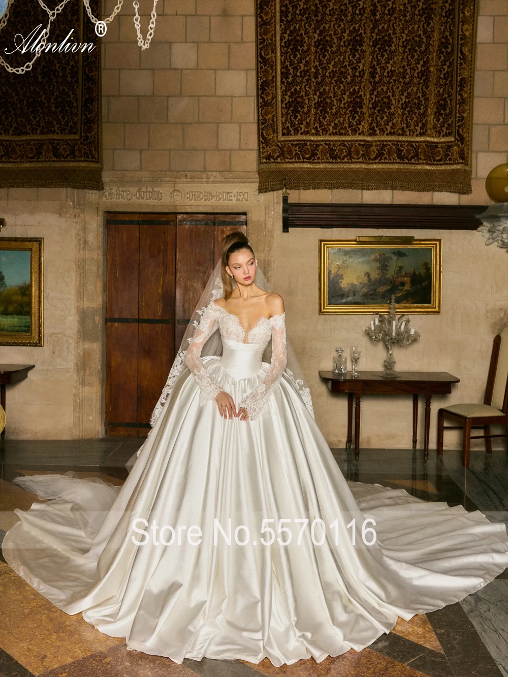 Alonlivn فساتين زفاف فاخرة مصنوعة حسب الطلب من الساتان بأكمام طويلة مطرز بالخرز من الدانتيل قبالة الكتف فساتين زفاف الأميرة #2