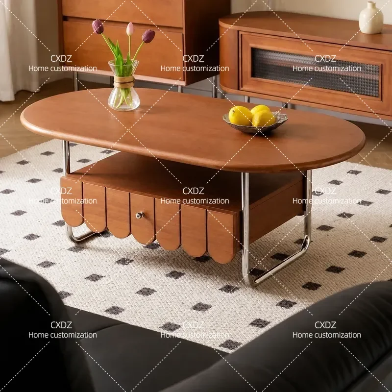 Rubber Wood Oval Solid Wood Coffee Table Retro Small Apartment Side Table with Drawer Storage End Table for Living Room