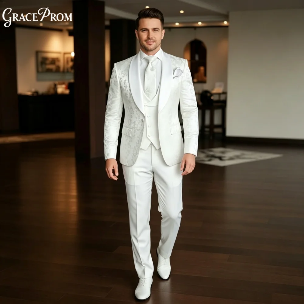 Stylish White Jacquard Men Suit Set 3PCS 2027 For Wedding Formal Business Groom Best Man Outfit Classic Customized Men's Suit