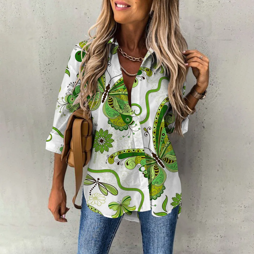 2024 Elegant Women Shirts & Blouses Button Lapel Blouses Shirts Vintage Harajuku Green Leaf Printed Long Sleeve Shirt Top Spring