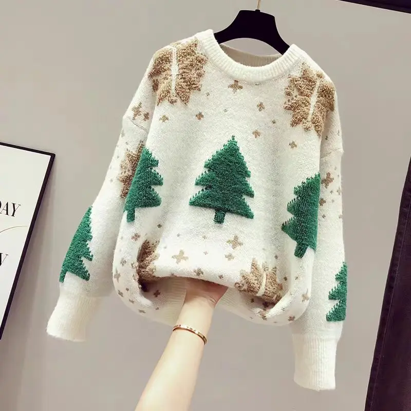 Women's Sweater New Christmas Tree Snow Youthful woman Clothes Long Sleeve Tops Blouse O-neck Sweatshirts Y2K Knitwear All-match