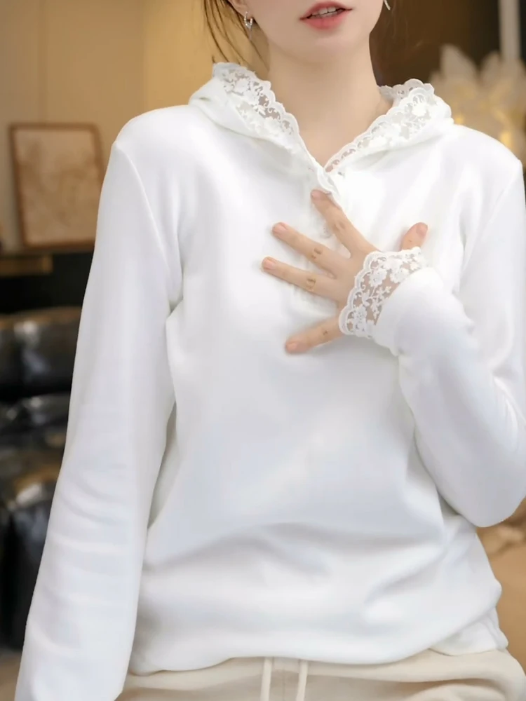 

Женская кружевная толстовка-худи Ele с длинным рукавом, базовая футболка для ношения под одеждой, облегающий топ в корейском стиле, повседневная модная одежда для весны и осени