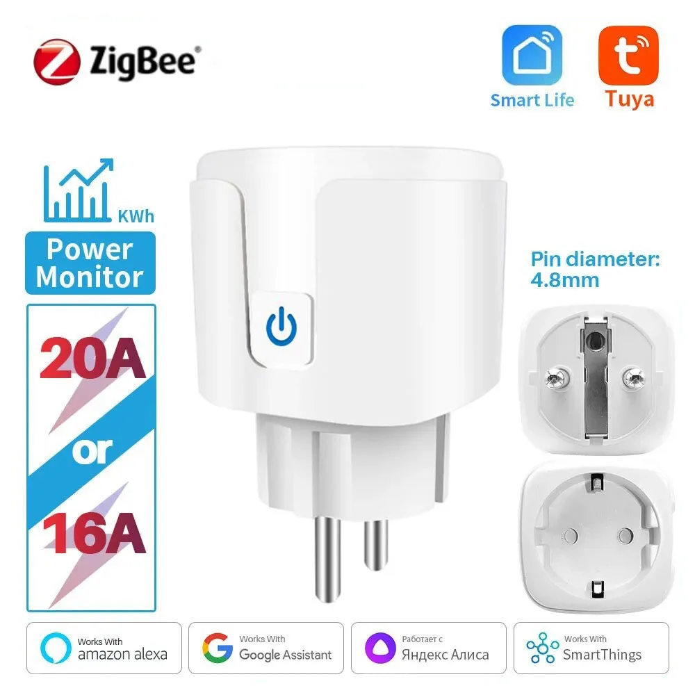 

Умная розетка Tuya Zigbee, 20A, умная розетка европейского стандарта с функцией мониторинга мощности, голосовое управление через Alexa Google Home