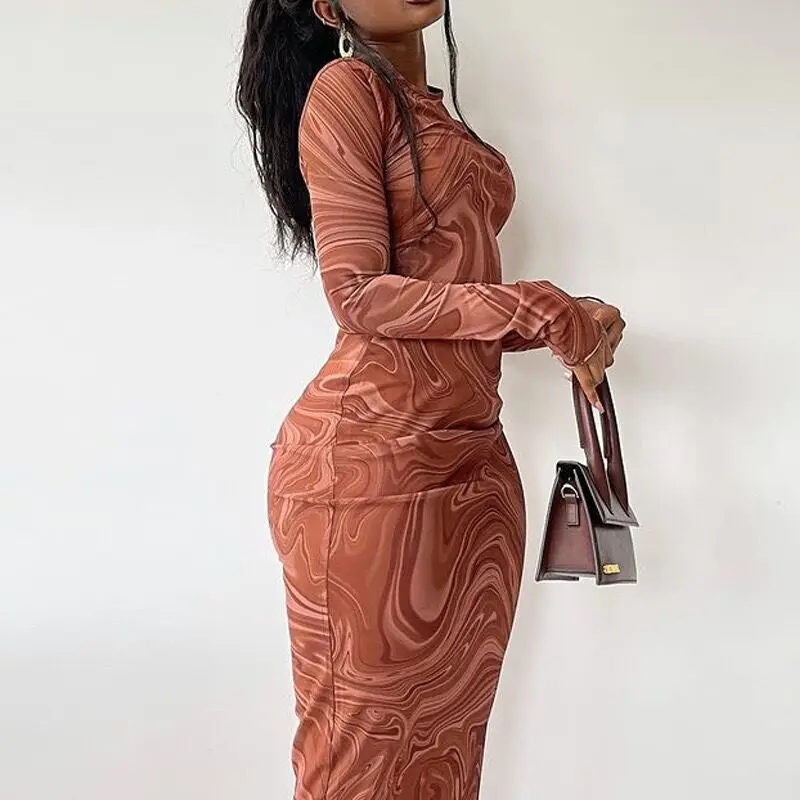 Langarm Bodycon Kleider Frauen Abend Party Kleidung Oansatz Mittlere Waden Sexy Vestidoes De Mujer Einem Stück Outfits Streetwear – Detail 4