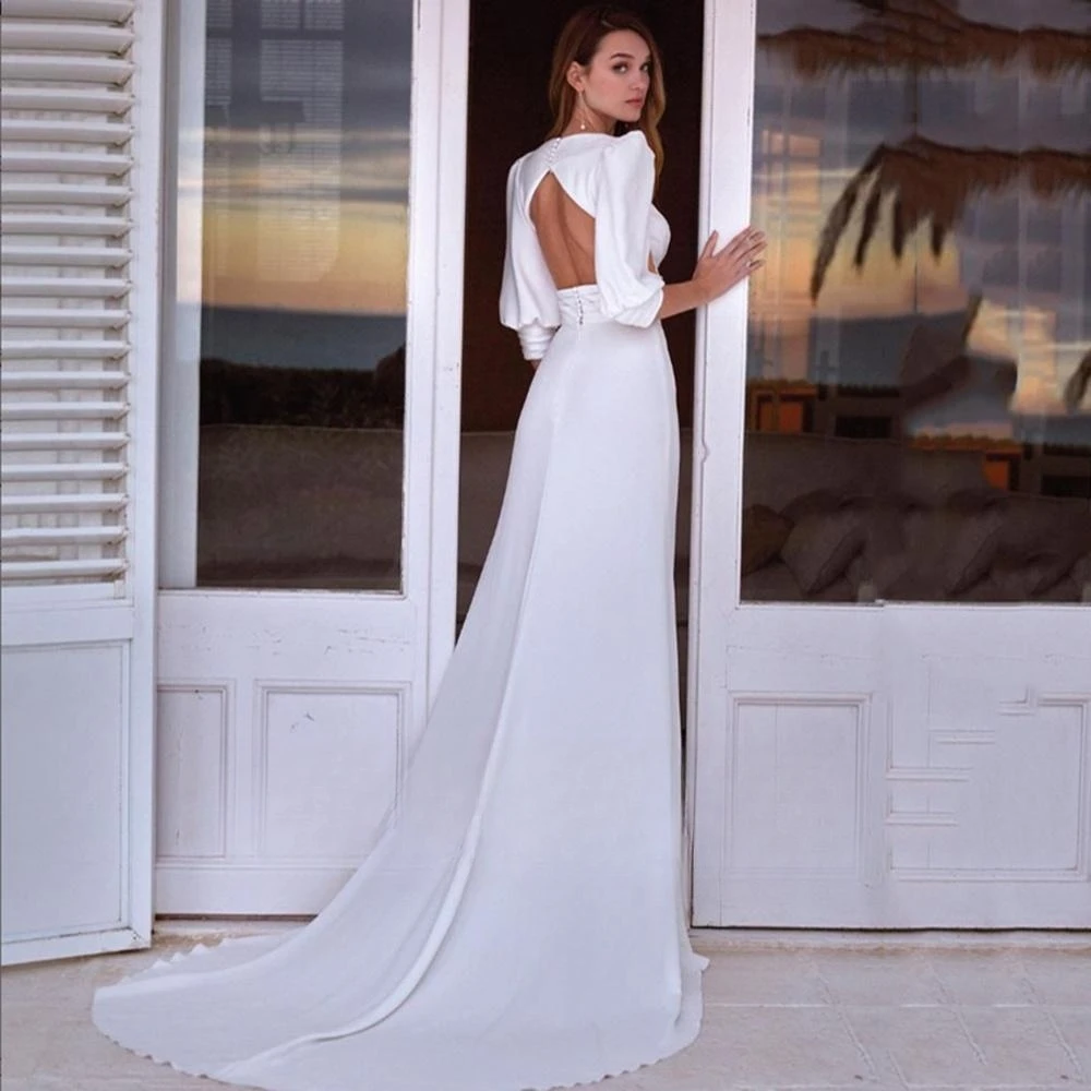 Simple Deep V-Neck White Wedding Dress Sheath Half Lantern Sleeve Pleats Spandex Modern Customize To Measures Elgant Robe De Mar