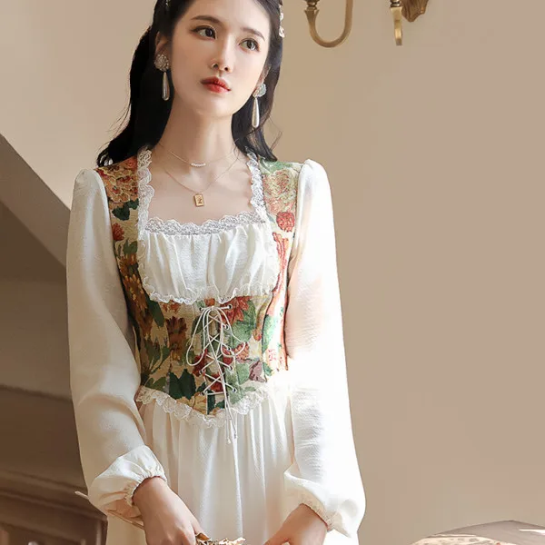 Vintage Victorian Lolita Princess Dress for Woman Retro French Court Jacquard Floral Print Dress Halloween Corset Party Costume view 2