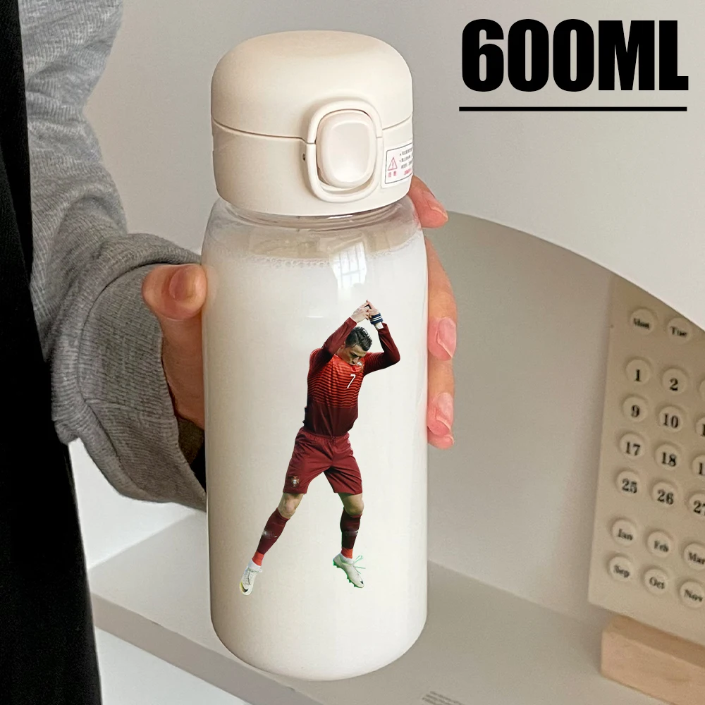 Football Star 600ML Drink Bottle Water Coffee Cup Portable Outdoor Sport Flip Cover Transparent Cup with Straw Cristiano Ronaldo