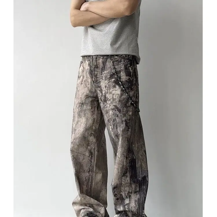 Pantaloni a gamba dritta effetto consumato High Street Splash Ink Jeans larghi dal design casual da uomo
