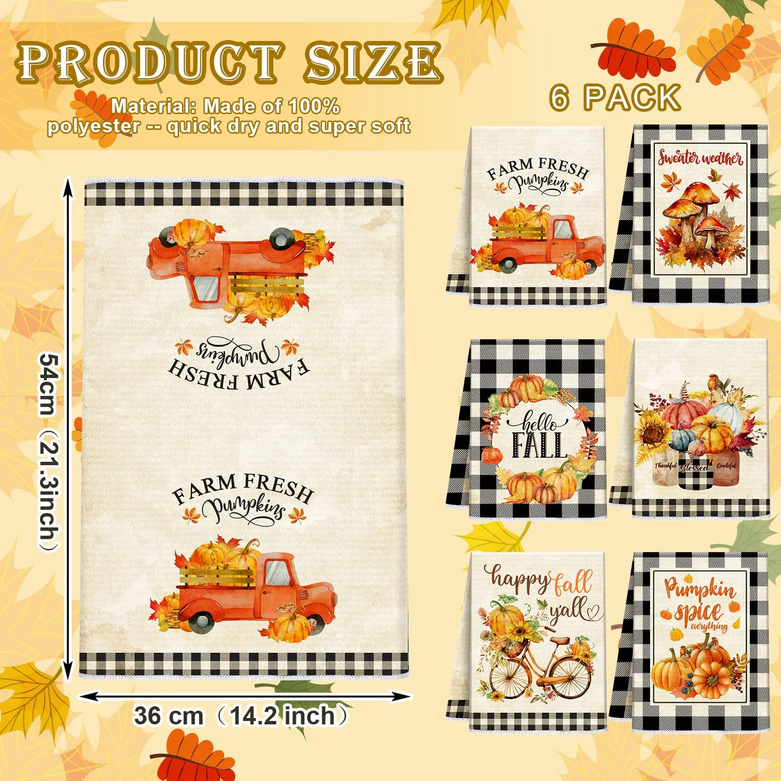 Ganeen 6 Pcs Fall Kitchen Dish Towels Buffalo Plaid Farmhouse Adorable Autumn Thanksgiving Decor, Vintage Pumpkin Truck Biker Designs, Black White Checkered Border, Absorbent for Home Cooking