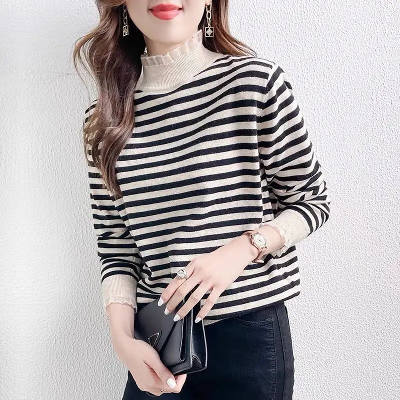 

Sweet Half High Collar Spliced Ruffles Lace Striped Sweater Female Clothing 2022 Autumn New Casual Pullovers Loose Korean Tops