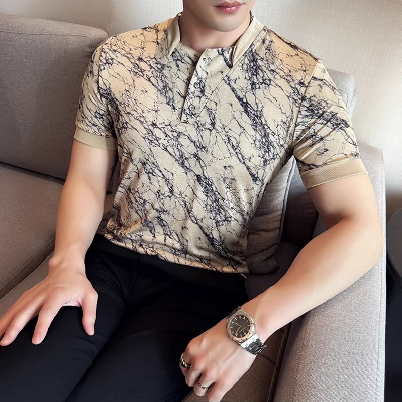 

Crack Printed V-neck Polo Shirt 2025 Summer New Men's Ice Silk Casual Short Sleeve Breathable T-Shirt Fashion Men Clothing 4XL-M