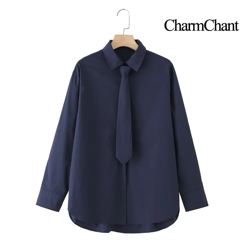 CharmChant Women's Cotton Blue Tie-Collar Shirt Spring Autumn Chic Minimalist Style Long Sleeve Blouse Tops for Woman