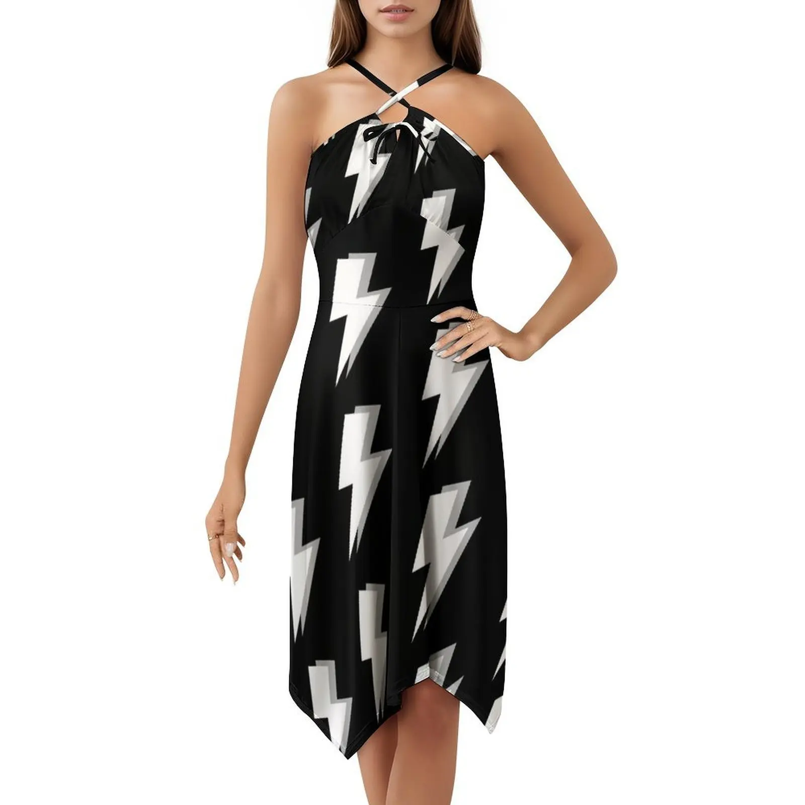 البرق الأبيض والرمادي على خلفية سوداء فستان بخط عنق على شكل قلب فستان أنيق للحفلات الصيفية للنساء باللونين الأبيض والرمادي #5