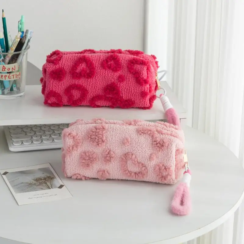 1 peça bonito sacos de maquiagem de pelúcia para mulheres rosa cor vermelha coração sacos cosméticos com cordão menina grande capacidade organizador viagem