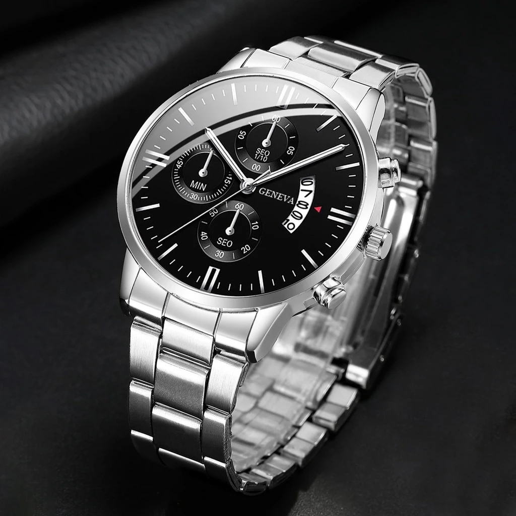 4Pcs/Set New Men's Temperament Watch Fashion Calendar Stainess Steel Business Watch With Bracelet Necklace Ring Set