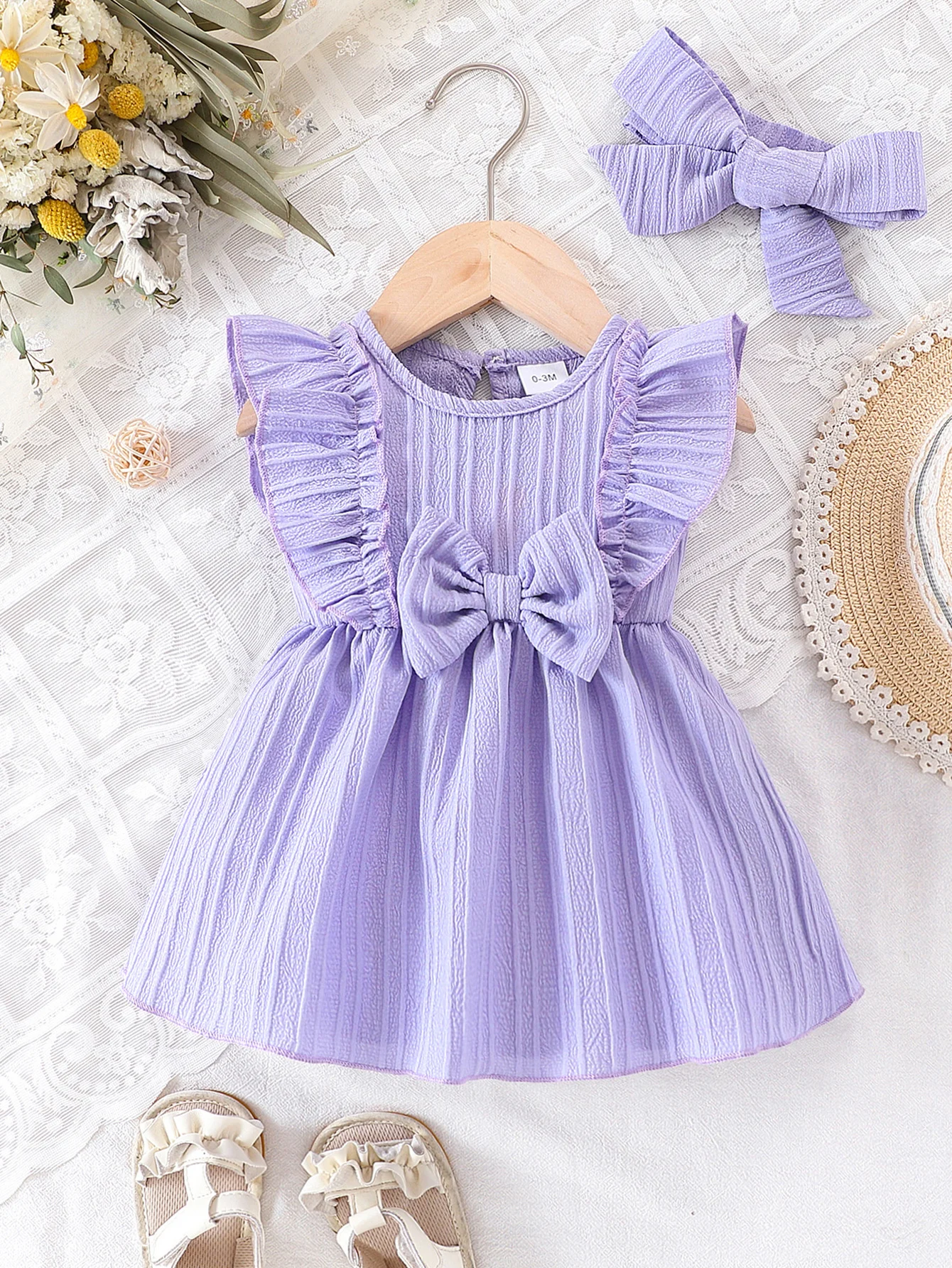 2pcs Baby Girls Purple Bow Jacquard Princess Dress with Hair Clip, Sweet Style, for Photoshoot/Daily/Outdoor, 0-18M, Breathable
