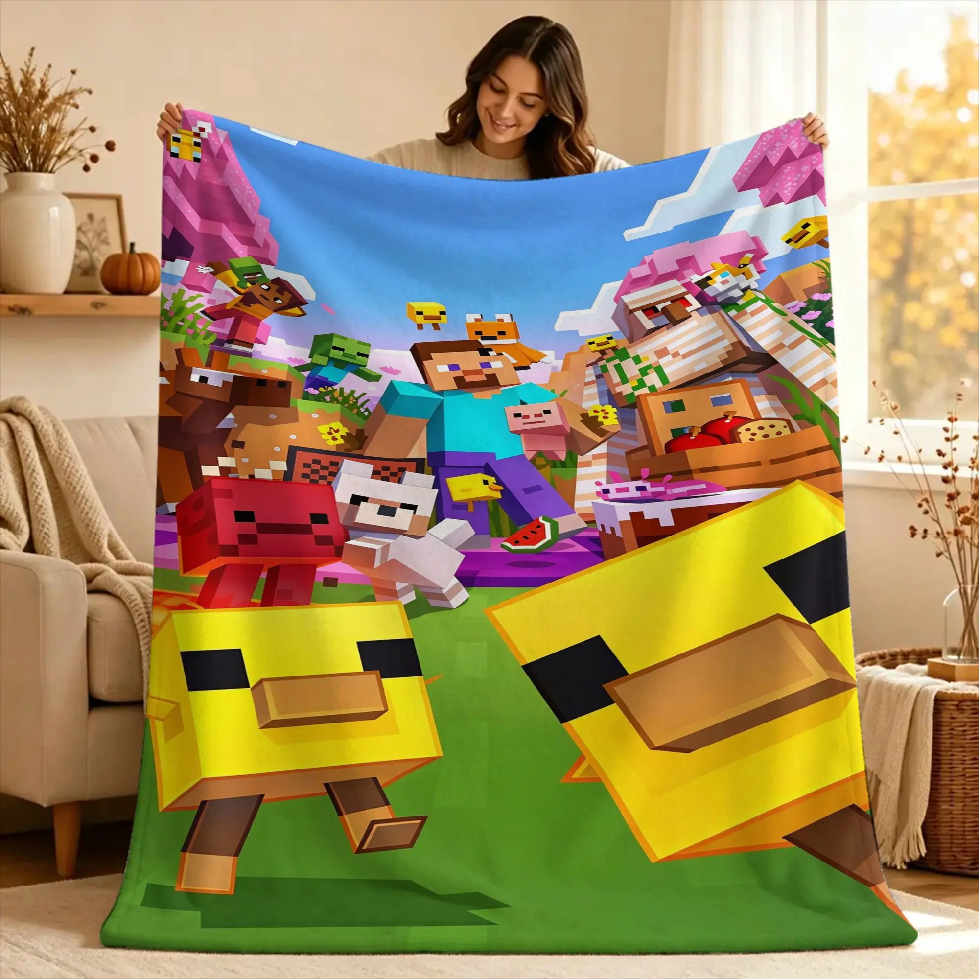 Cartoon Mines Pixel Game crafts  Throw Blanket  Flannel Bedspread For Bedroom Fashion Sofa Bed Cover