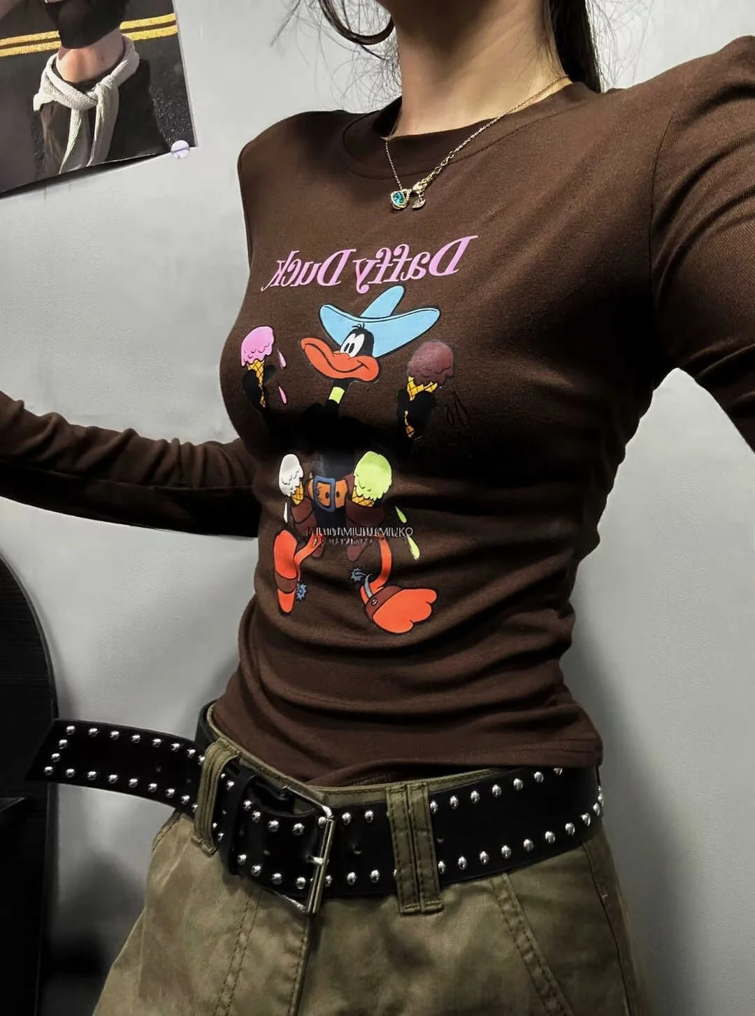 เสื้อยืดทรงเข้ารูป แขนยาว ผ้าคอตตอน ดีไซน์เอวสูง สไตล์เกาหลี เหมาะสำหรับใส่ทำงานหรือเดินทาง