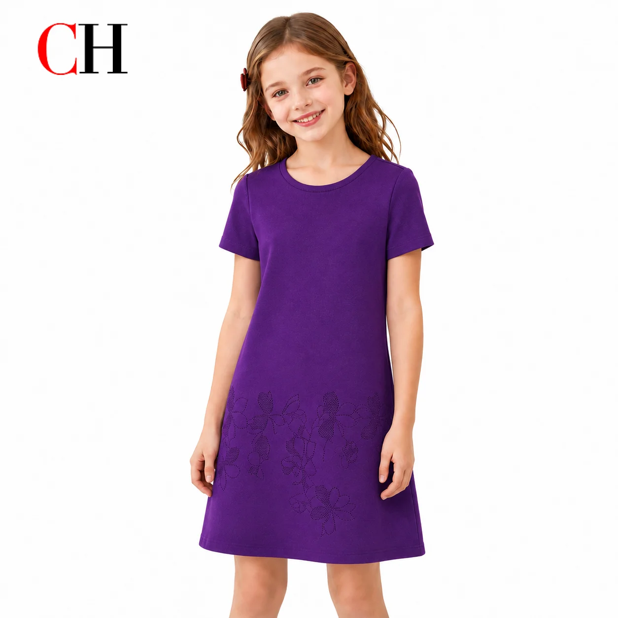 CH Girls Kids Solid Purple Knit Dress Short Sleeve Embroidery Slim Bodycon Mini Dress Girls Summer Casual Party Dresses