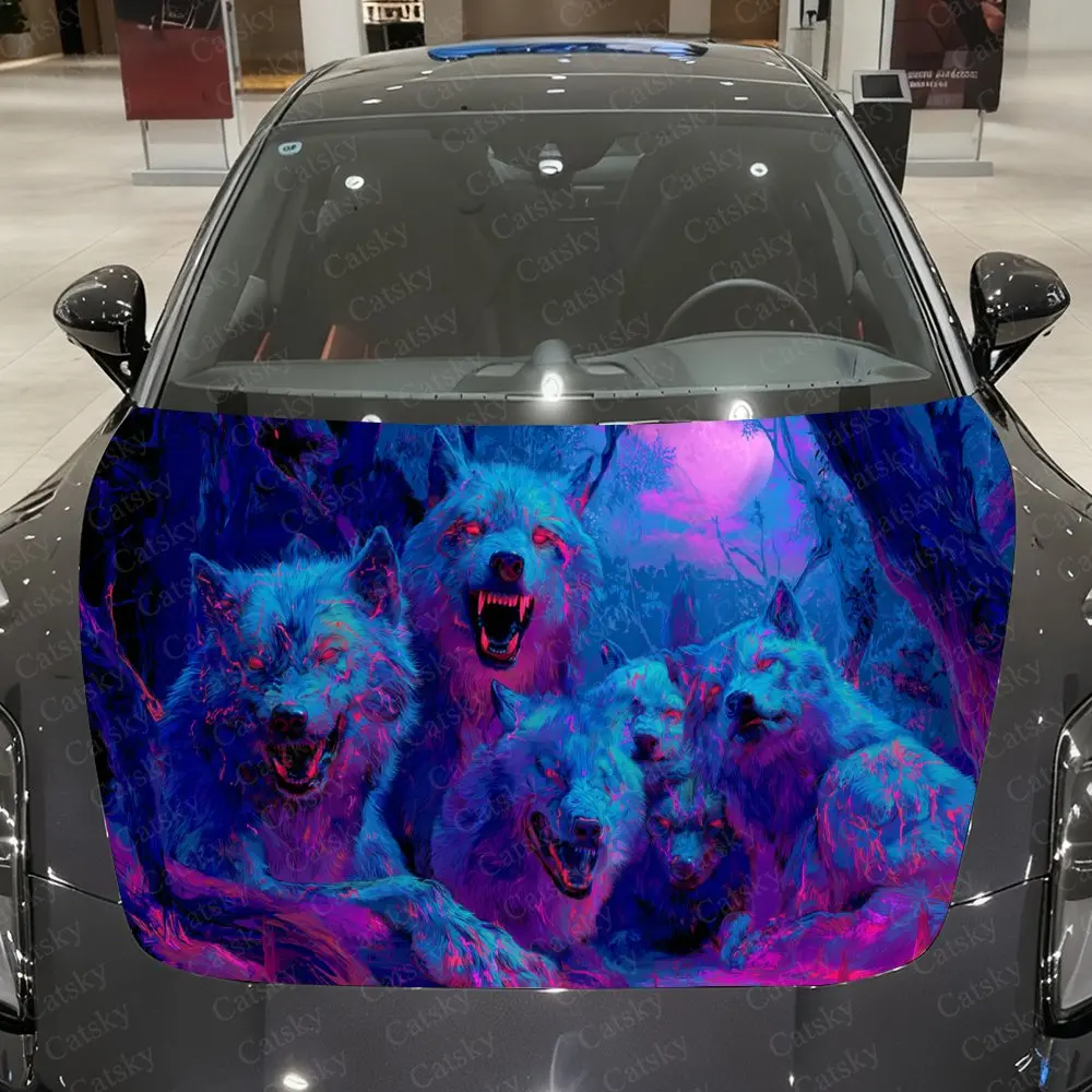 Crimson Flames Entwine Blue Wolves Car Vinyl Wrap, PVC Waterproof Car Hood Sticker, Self-Adhesive Scratch-Resistant Stickers