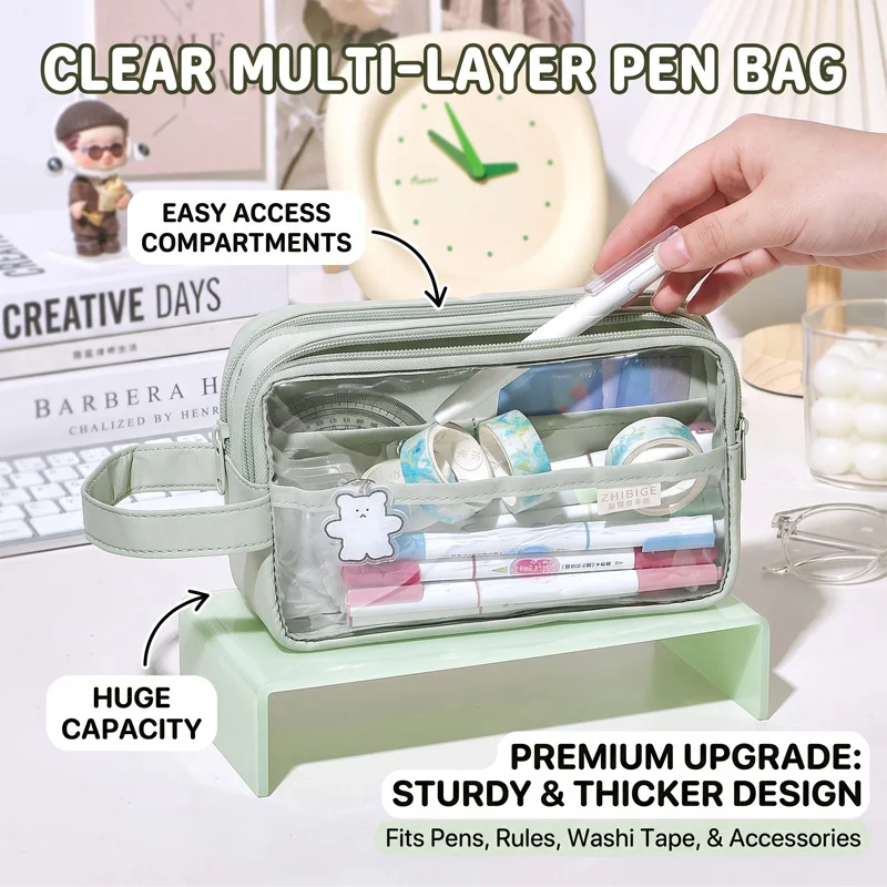 Transparentes PVC-Federmäppchen, wasserdicht, im Ins-Stil, Doppelschicht-Make-up-Tasche, Aufbewahrungstasche für Schüler-Schreibwaren