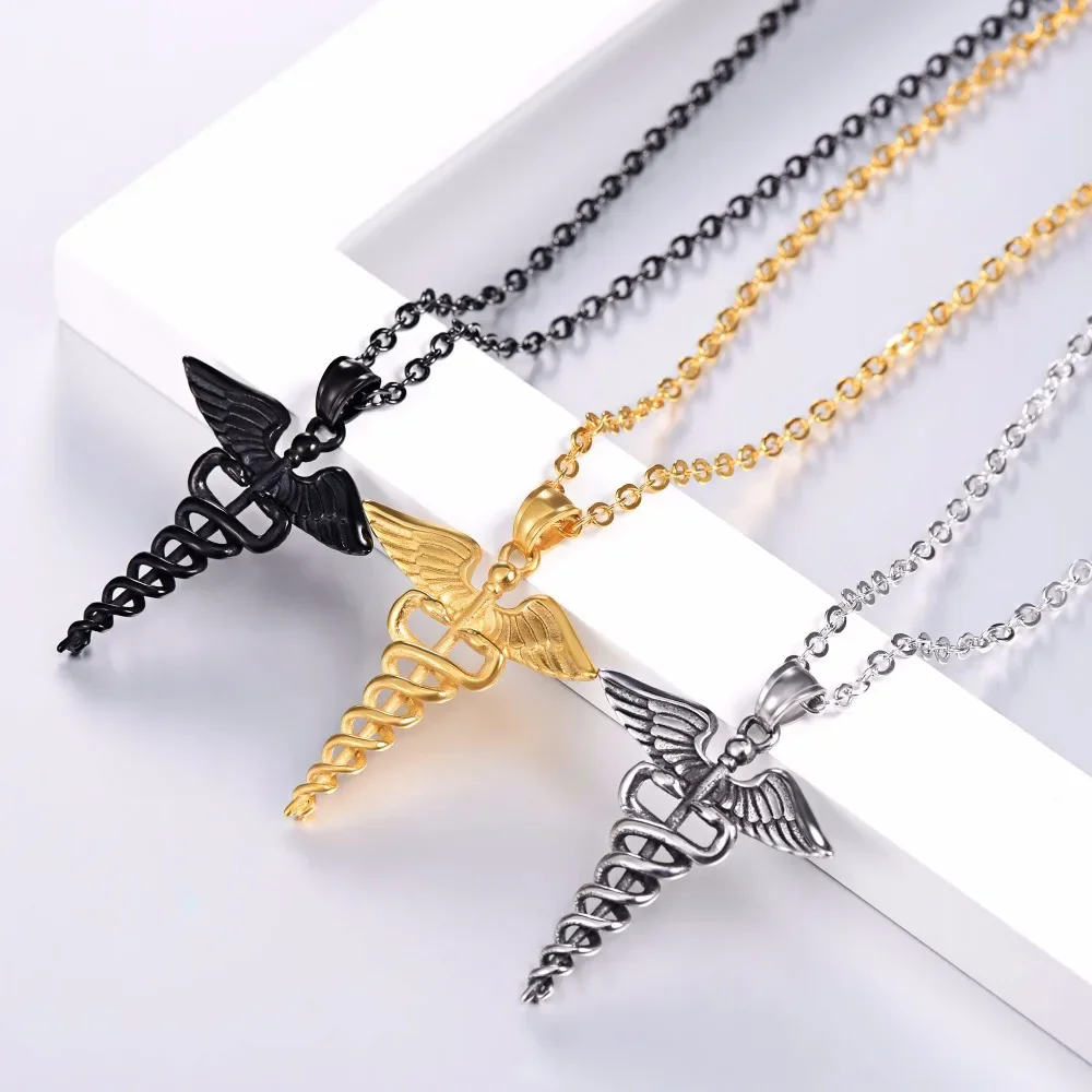 Chainspro Caduceus Pendant Men Gold/Black Color Medical Symbol 316L Stainless Steel Medical Jewelry Nursing Necklace Women P715