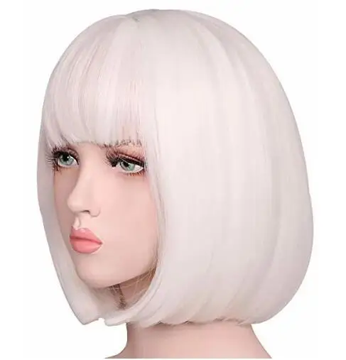 Women Short Straight Pure White Synthetic Hair Wig Heat Resistant Fiber for Party Costume