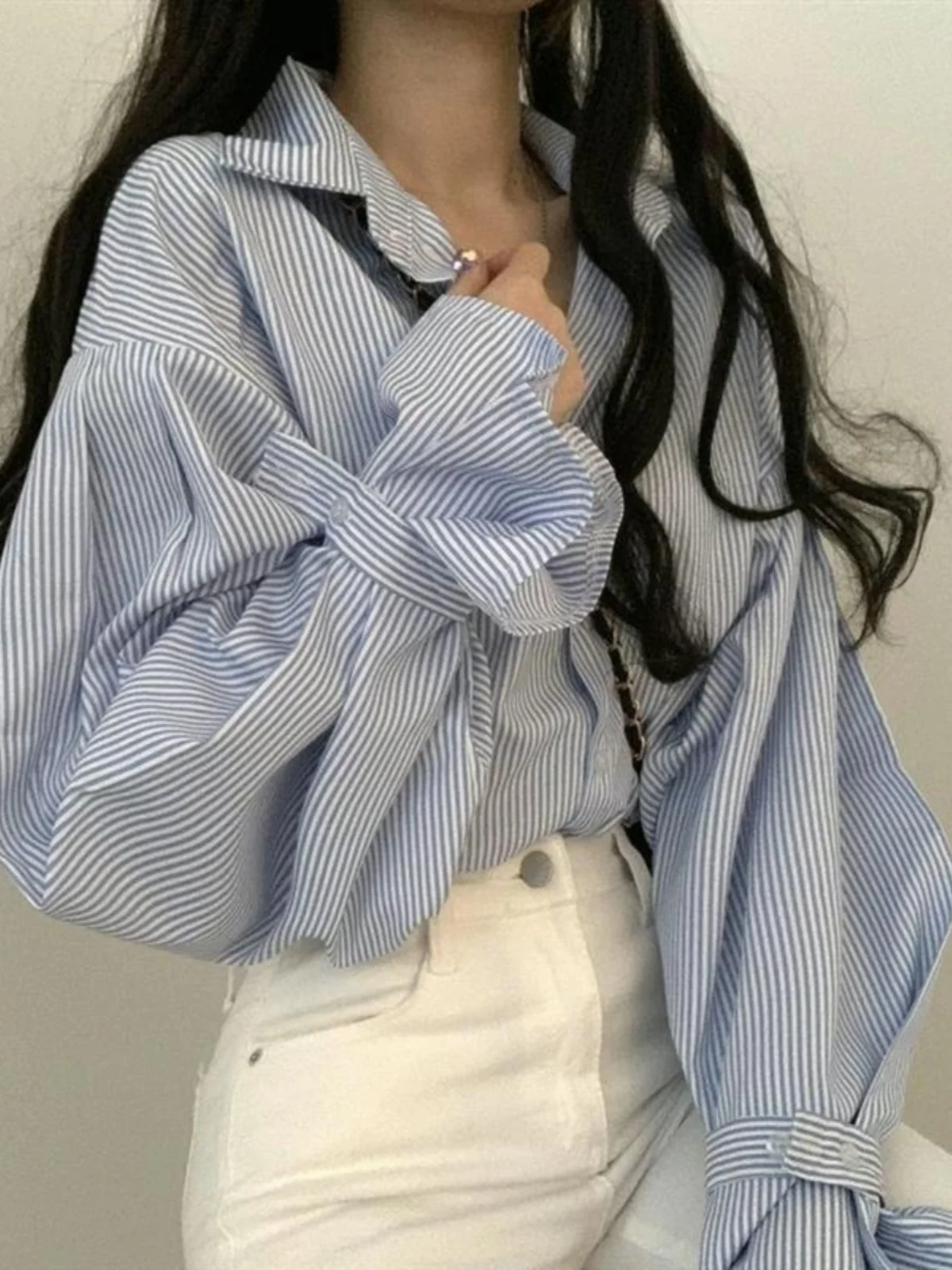 

Casual Striped irt Women's Loose Design Ele Simple Korean Sle Long Sve Button up Casual irt Versatile Basic Top