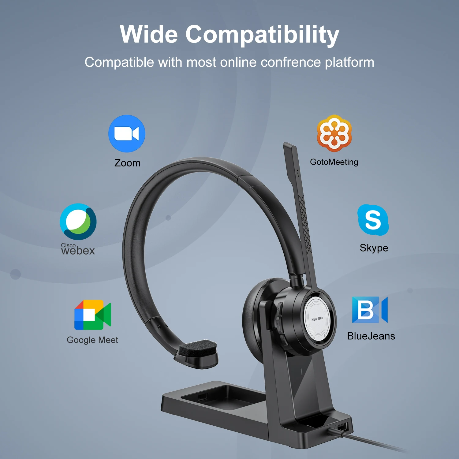 سماعات رأس لاسلكية جديدة Bee BH60P مع قاعدة شحن V5.0 سماعة رأس للمكتب مع ميكروفون مزدوج CVC 8.0 خاصية إلغاء الضوضاء لمركز الاتصال